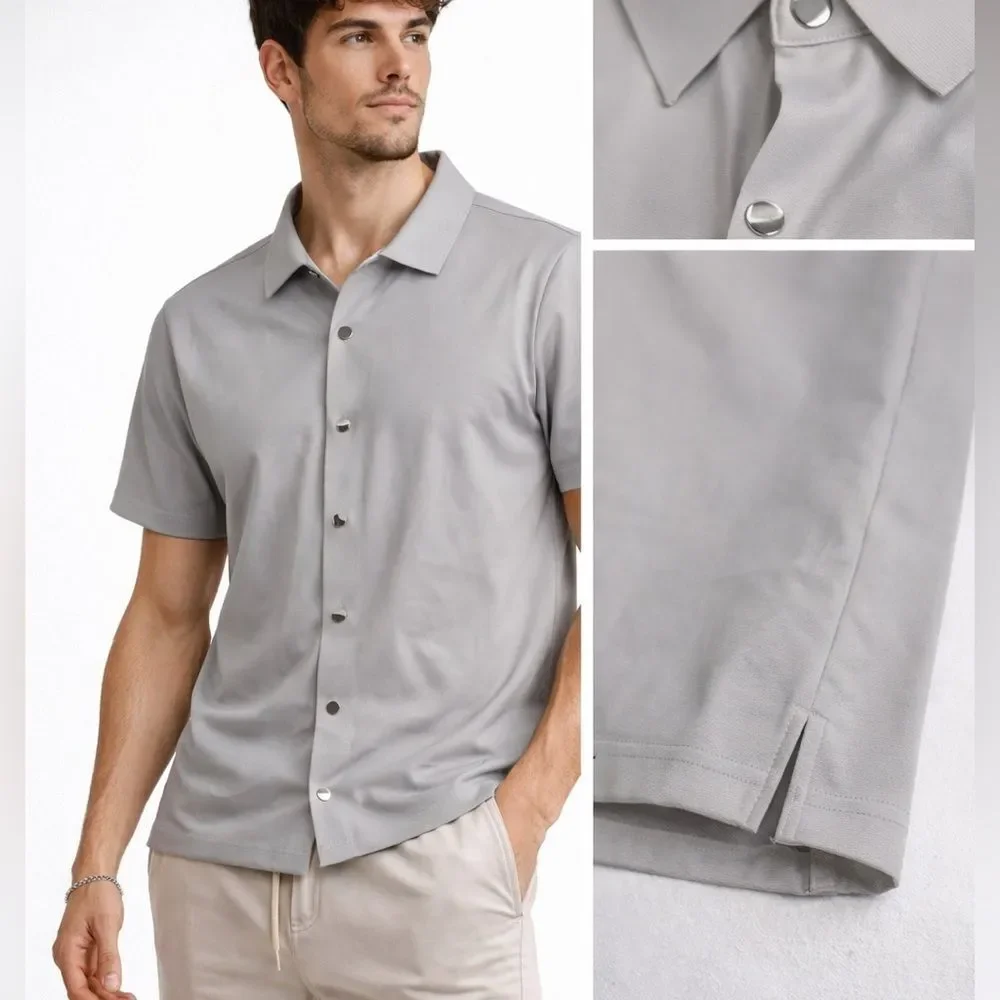 Men's Casual Short Sleeve Button-Down Shirt - Light Gray Sz L NWT